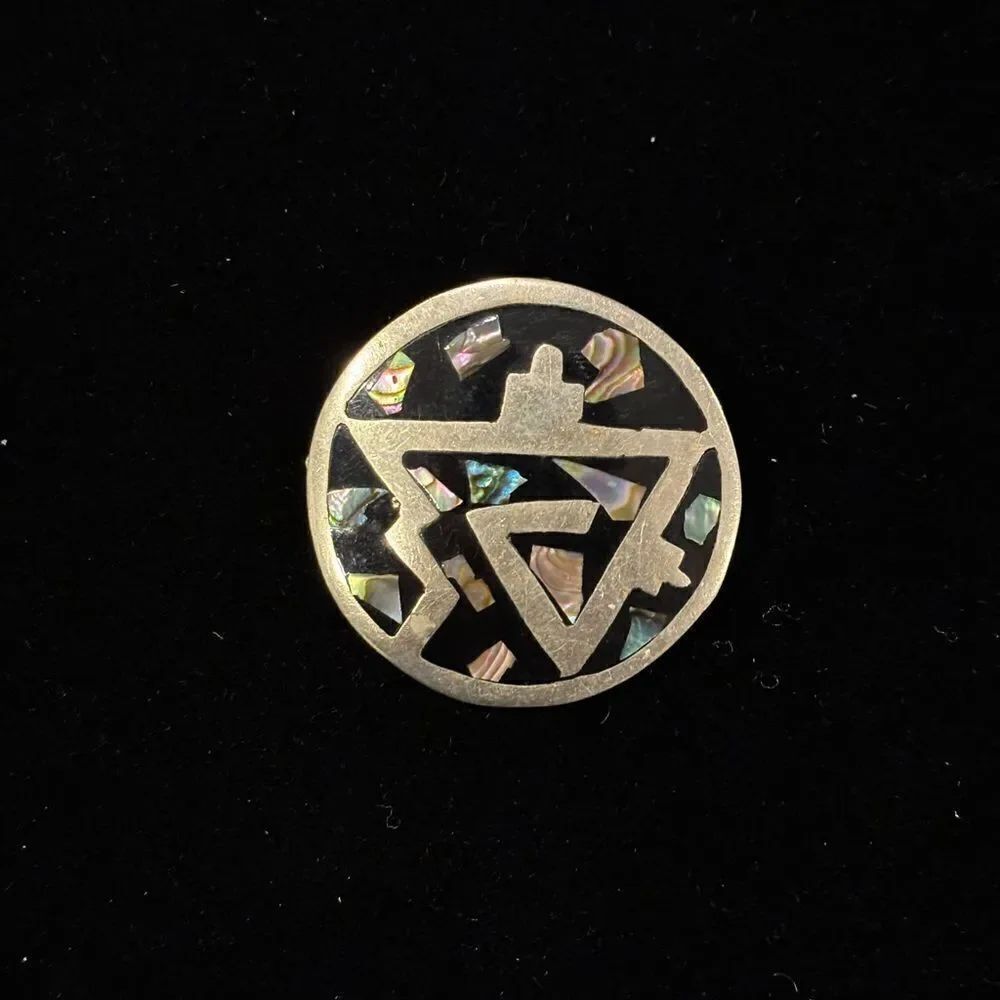 Alpaca Vintage Silver Round Brooch with Inlay Design Signed